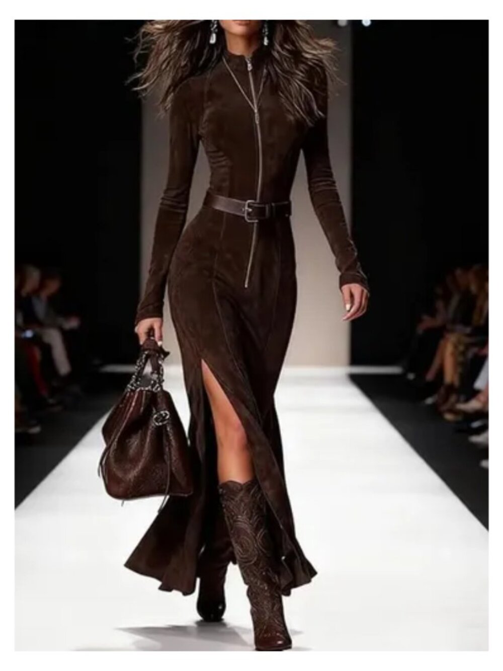 NWT Suede Zipper Front Slit Bodycon Maxi Dress Brown 14 - Picture 4 of 8